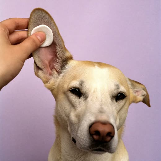 A dog's ear being gently cleaned